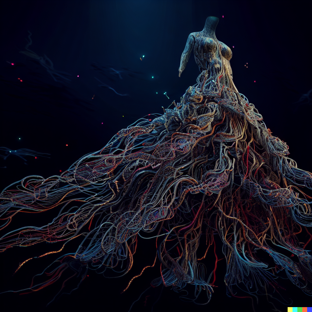 DALL·E 2023-06-26 11.56.55 – flowing dress made of a realistic nervous system, unreal engine, J. G. Quintel, Gustav Klimt, Jordan Grimmer, bayard gric, Tim Doyle, and Zdzisław Bek