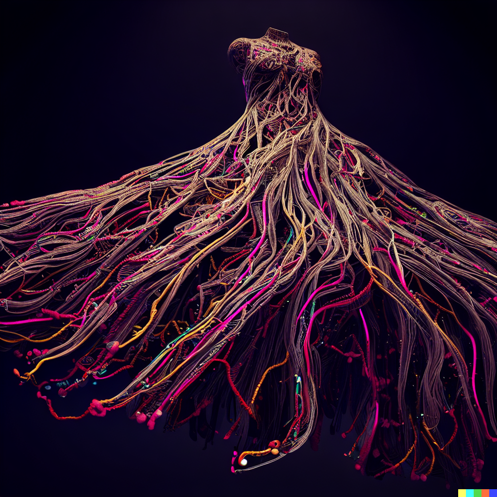DALL·E 2023-06-26 11.56.59 – flowing dress made of a realistic nervous system, unreal engine, J. G. Quintel, Gustav Klimt, Jordan Grimmer, bayard gric, Tim Doyle, and Zdzisław Bek
