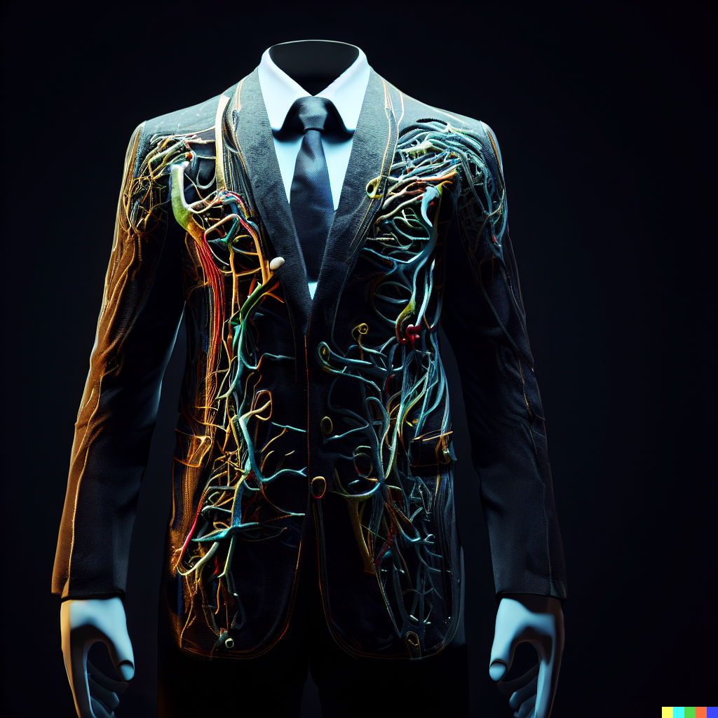 DALL·E 2023-06-26 11.57.18 – business suit made of a realistic nervous system, unreal engine, J. G. Quintel, Gustav Klimt, Jordan Grimmer, bayard gric, Tim Doyle, and Zdzisław Bek