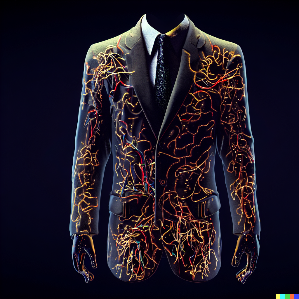 DALL·E 2023-06-26 11.57.25 – business suit made of a realistic nervous system, unreal engine, blender J. G. Quintel, Gustav Klimt, Jordan Grimmer, bayard gric, Tim Doyle, and Zdzi