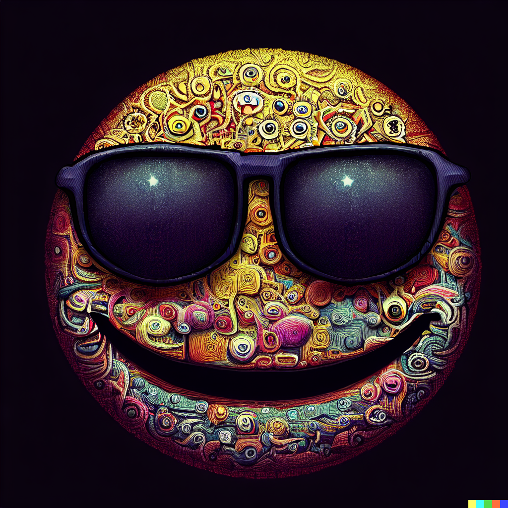 DALL·E 2023-06-26 11.57.51 – sunglasses emoji, intricately detailed digital illustration, by J. G. Quintel, Gustav Klimt, Jordan Grimmer, bayard gric, Tim Doyle, and Zdzisław Bek