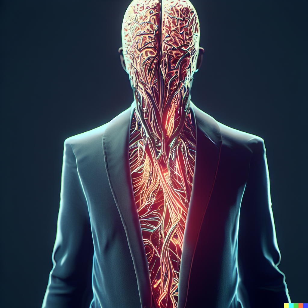 DALL·E 2023-06-26 11.58.16 – business suit made of a realistic nervous system, unreal engine, blender