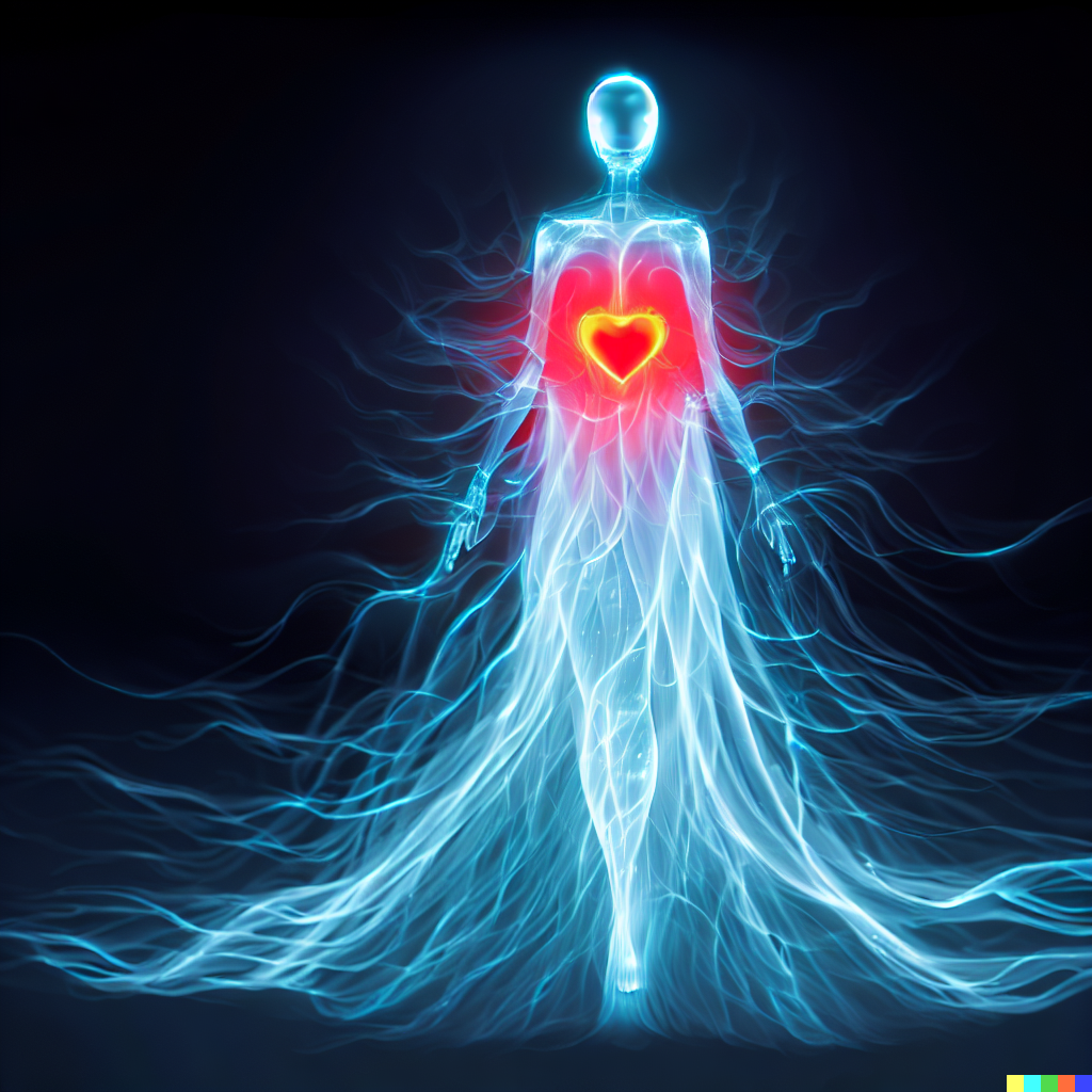 DALL·E 2023-06-26 11.59.47 – flowing dress made of a glowing nervous system with a red heart in the middle, xray