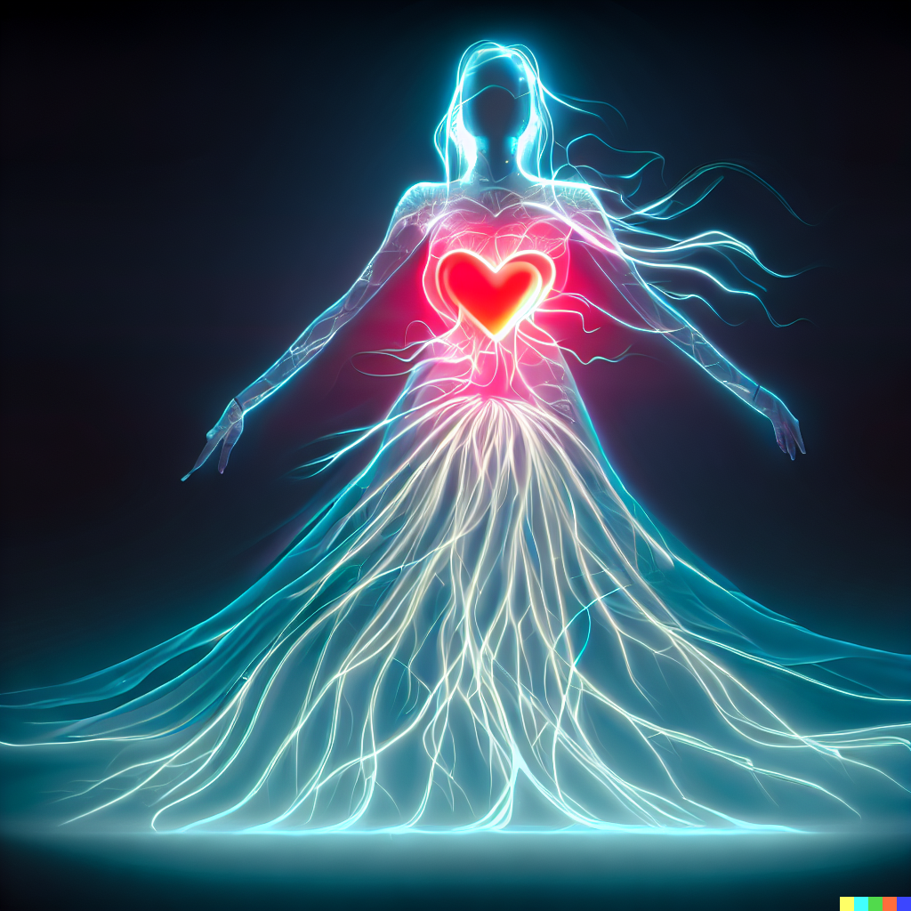 DALL·E 2023-06-26 11.59.55 – flowing dress made of a glowing nervous system with a red heart in the middle