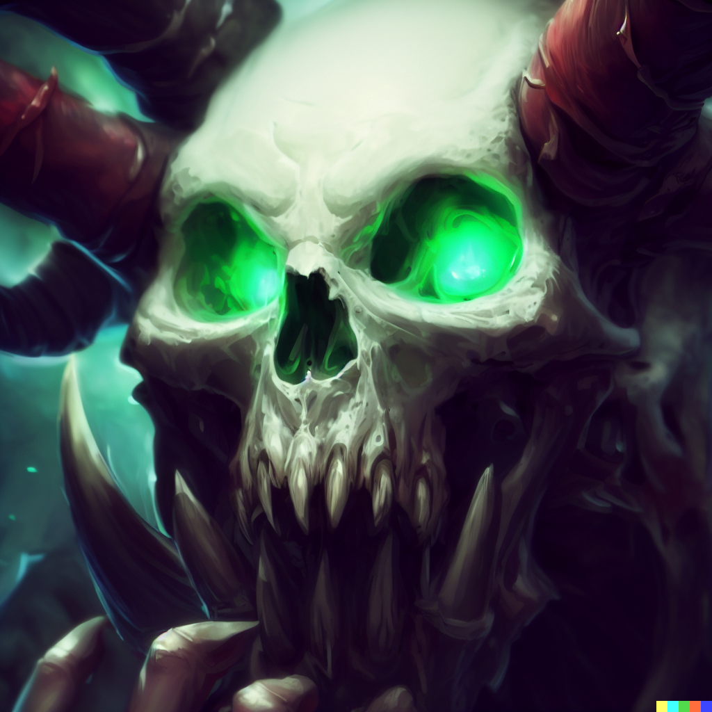 DALL·E 2023-06-26 12.00.28 – zoomed out, skull of gul’dan a demonic skull with green glowing eyes and large horns being held by illidan, highly detailed, digital painting, artstat