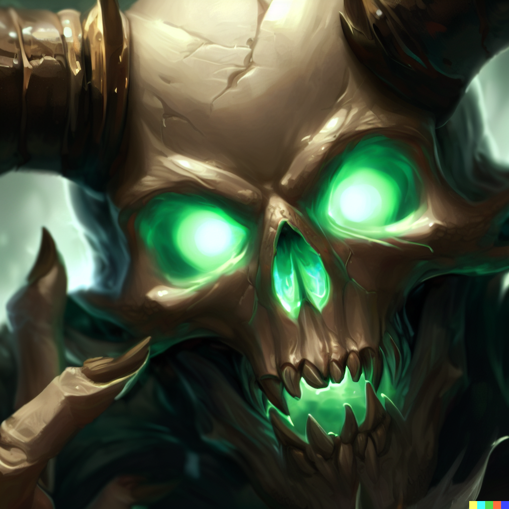 DALL·E 2023-06-26 12.00.32 – zoomed out, skull of gul’dan a demonic skull with green glowing eyes and large horns being held by illidan, highly detailed, digital painting, artstat