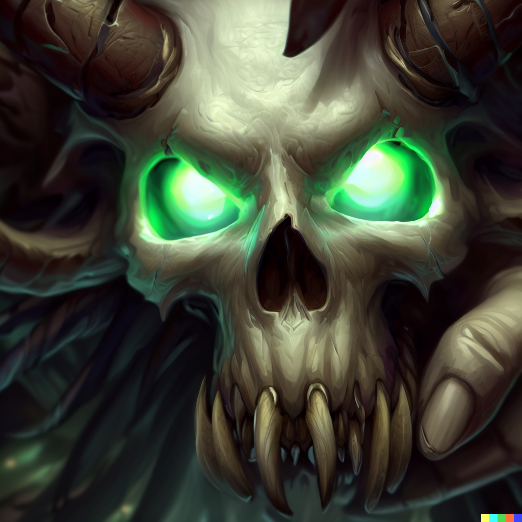 DALL·E 2023-06-26 12.00.45 – zoomed out, skull of gul’dan a demonic skull with green glowing eyes and large horns being held in a large demons hand, highly detailed, digital paint