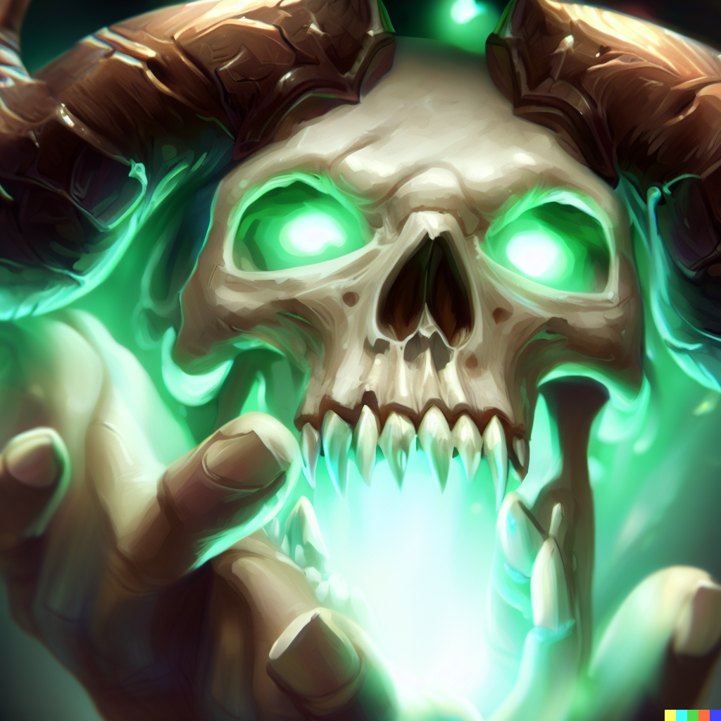 DALL·E 2023-06-26 12.00.49 – zoomed out, skull of gul’dan a demonic skull with green glowing eyes and large horns being held in a large demons hand, highly detailed, digital paint