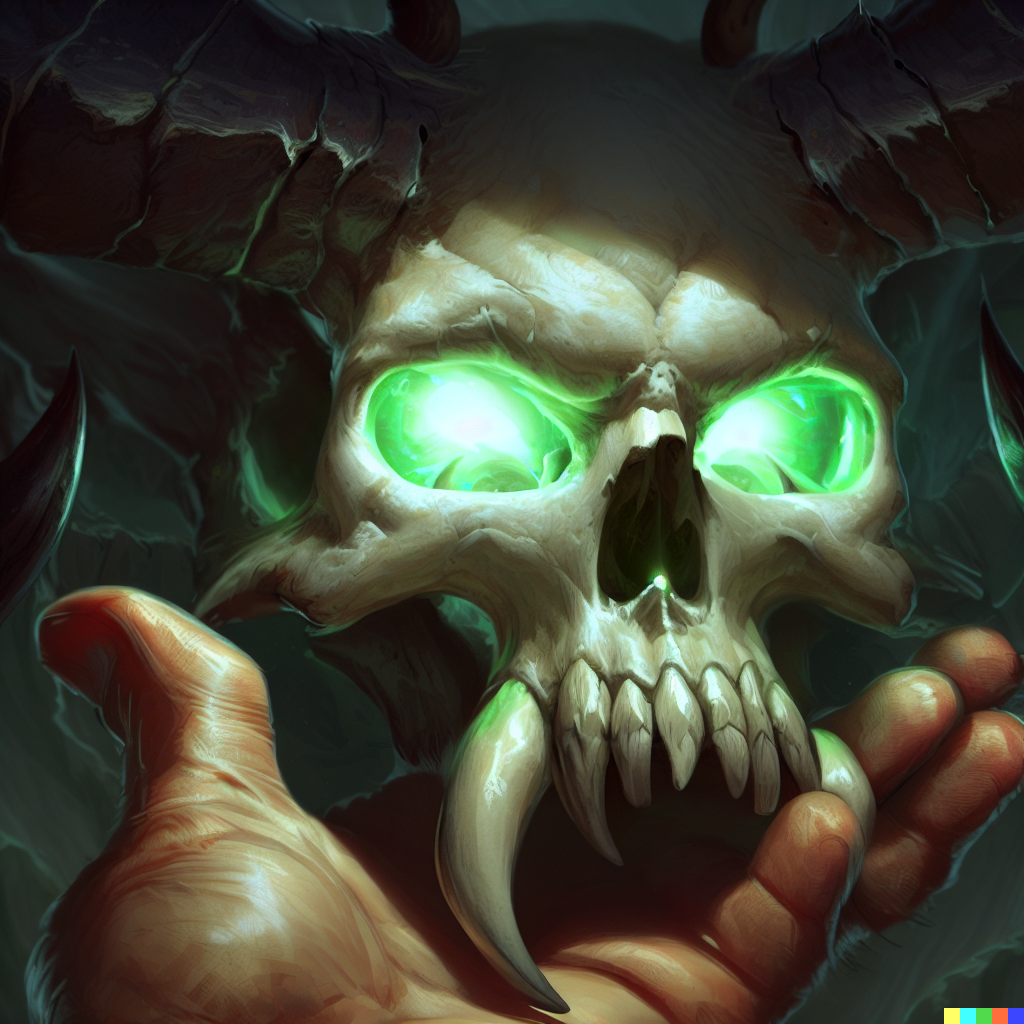 DALL·E 2023-06-26 12.01.06 – skull of gul’dan a demonic skull with green glowing eyes and large horns being held in a large demons hand, highly detailed, digital painting, artstat