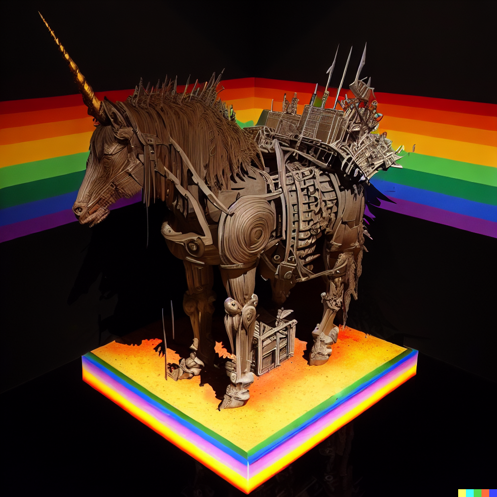 DALL·E 2023-06-26 12.01.19 – dante’s inferno rainbow robot unicorn, compressed into a 5 meter isometric cube by bayard gric, Tim Doyle, and Zdzisław Beksiński