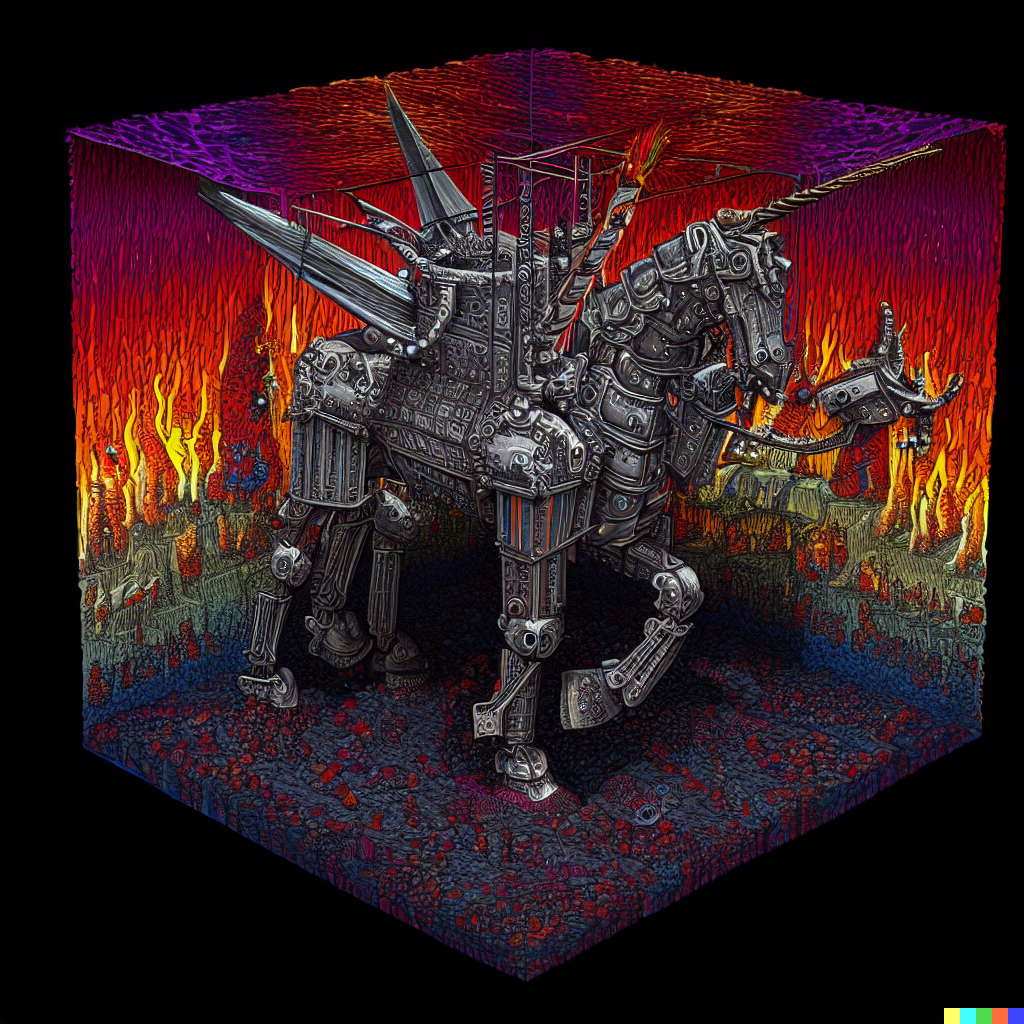 DALL·E 2023-06-26 12.01.28 – dante’s inferno rainbow robot unicorn, compressed into a 5 meter isometric cube by bayard gric, Tim Doyle, and Zdzisław Beksiński