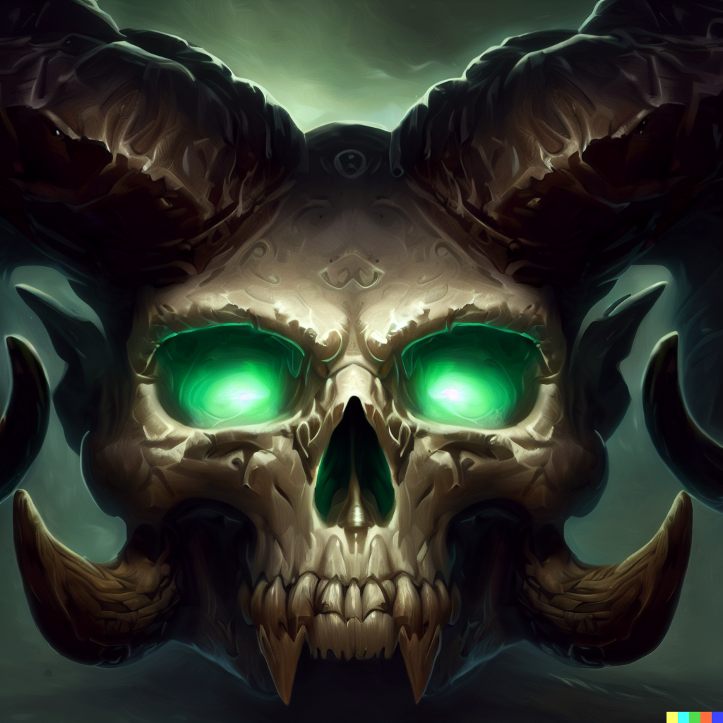 DALL·E 2023-06-26 12.01.33 – skull of gul’dan a demonic skull with green glowing eyes and large horns, highly detailed, digital painting, artstation, concept art, smooth, sharp fo