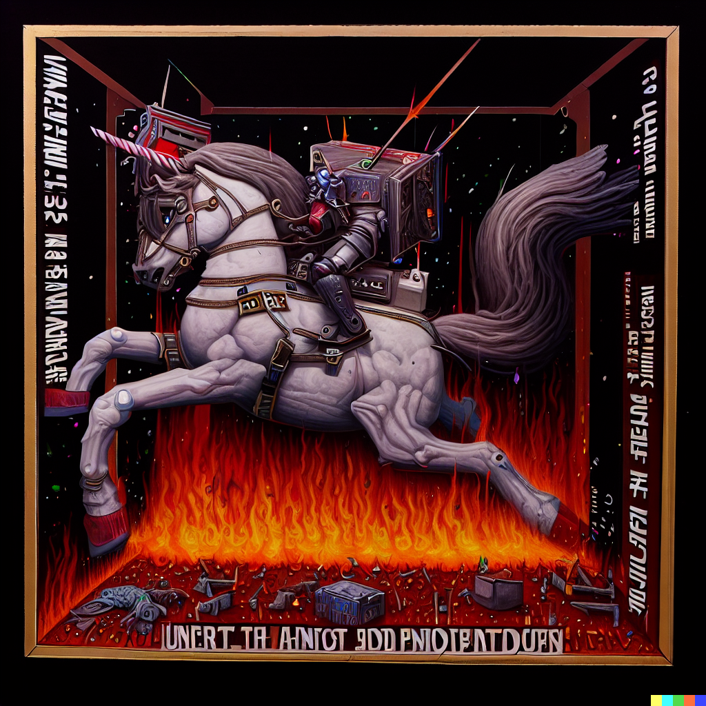 DALL·E 2023-06-26 12.01.38 – dante’s inferno robot unicorn attack, compressed into a 5 meter isometric cube by bayard gric, Tim Doyle, and Zdzisław Beksiński