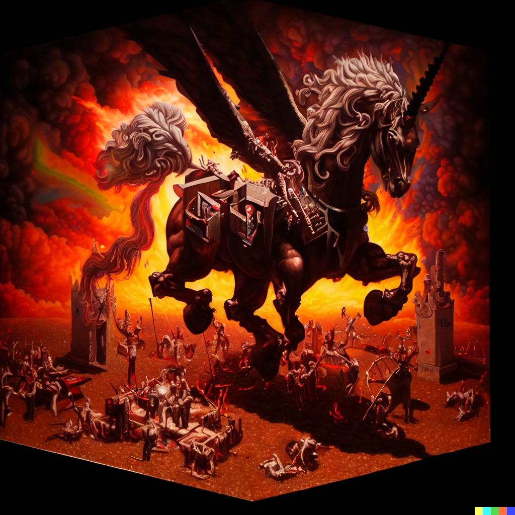 DALL·E 2023-06-26 12.01.41 – dante’s inferno robot unicorn attack, compressed into a 5 meter isometric cube by bayard gric, Tim Doyle, and Zdzisław Beksiński