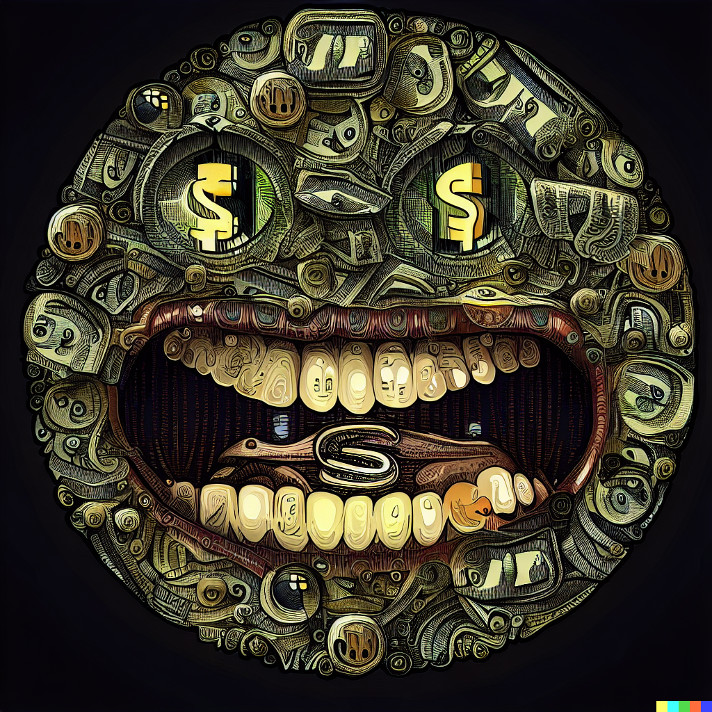 DALL·E 2023-06-26 12.01.54 – money mouth face emoji, intricately detailed digital illustration, by J. G. Quintel, Gustav Klimt, Jordan Grimmer, bayard gric, Tim Doyle, and Zdzisł