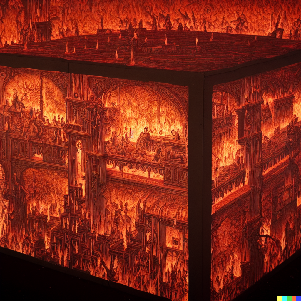 DALL·E 2023-06-26 12.02.01 – dante’s inferno, compressed into a 5 meter isometric cube by bayard gric, Tim Doyle, and Zdzisław Beksiński
