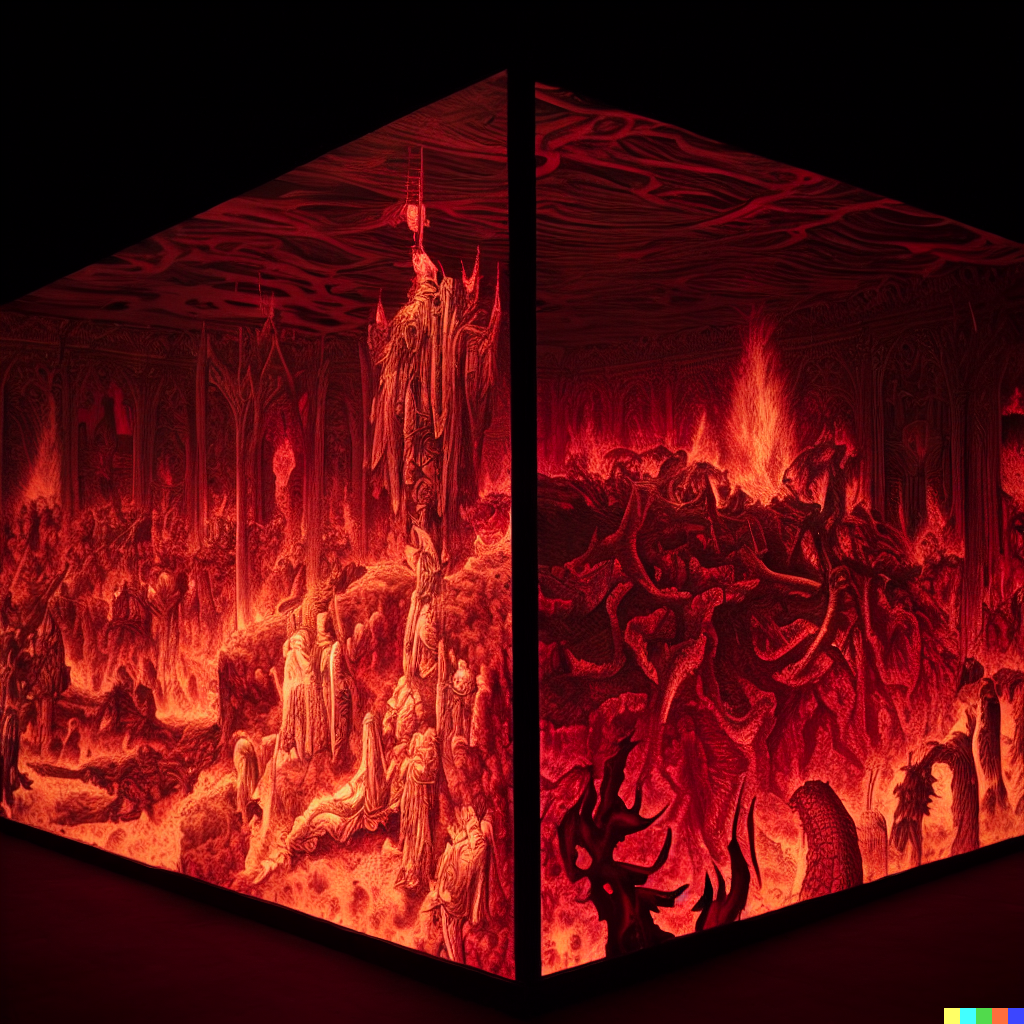 DALL·E 2023-06-26 12.02.06 – dante’s inferno, compressed into a 5 meter isometric cube by bayard gric, Tim Doyle, and Zdzisław Beksiński