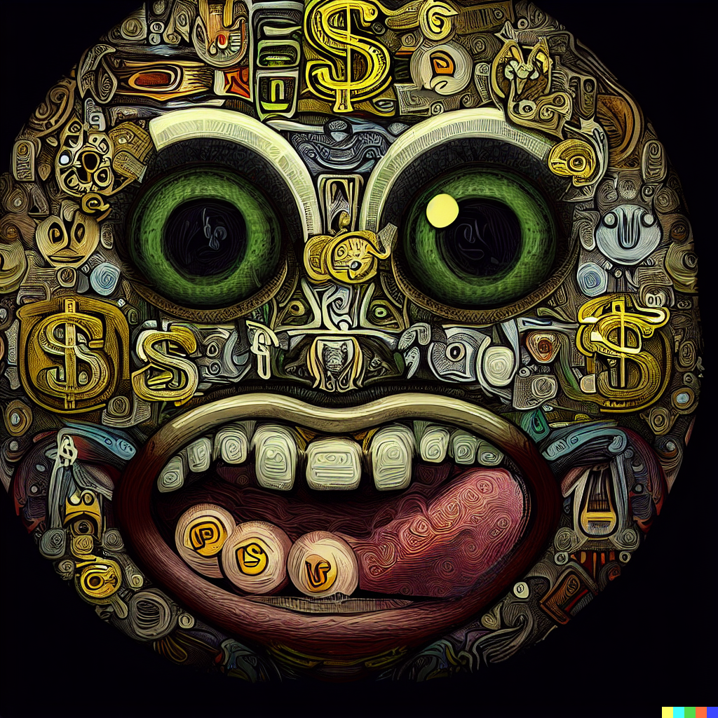 DALL·E 2023-06-26 12.02.12 – money mouth face emoji, intricately detailed digital illustration, by J. G. Quintel, Gustav Klimt, Jordan Grimmer, bayard gric, Tim Doyle, and Zdzisł