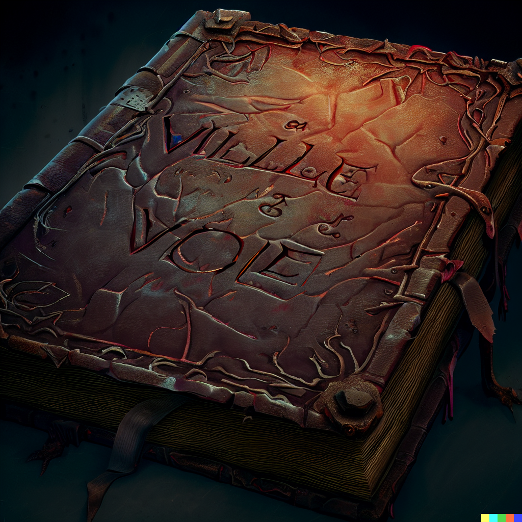 DALL·E 2023-06-26 12.02.33 – book of vile darkness an evil magic tome bound in skin with undead inscriptions on the cover highly detailed, digital painting, artstation, concept ar
