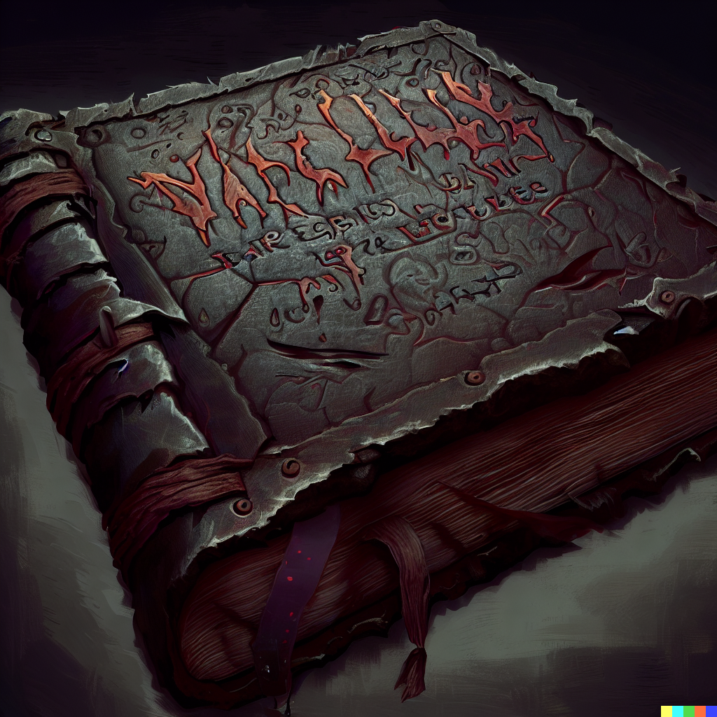 DALL·E 2023-06-26 12.02.35 – book of vile darkness an evil magic tome bound in skin with undead inscriptions on the cover highly detailed, digital painting, artstation, concept ar