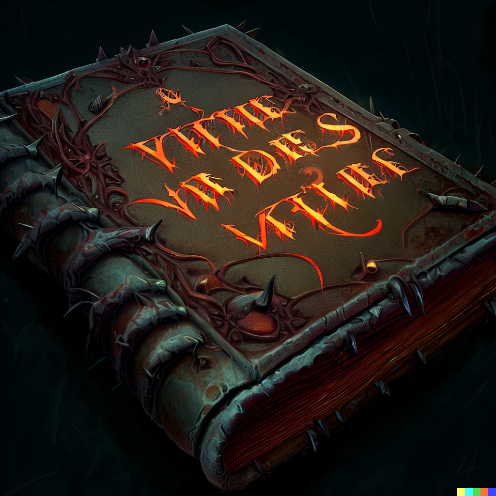 DALL·E 2023-06-26 12.02.40 – book of vile darkness an evil magic tome bound in skin with undead inscriptions on the cover highly detailed, digital painting, artstation, concept ar
