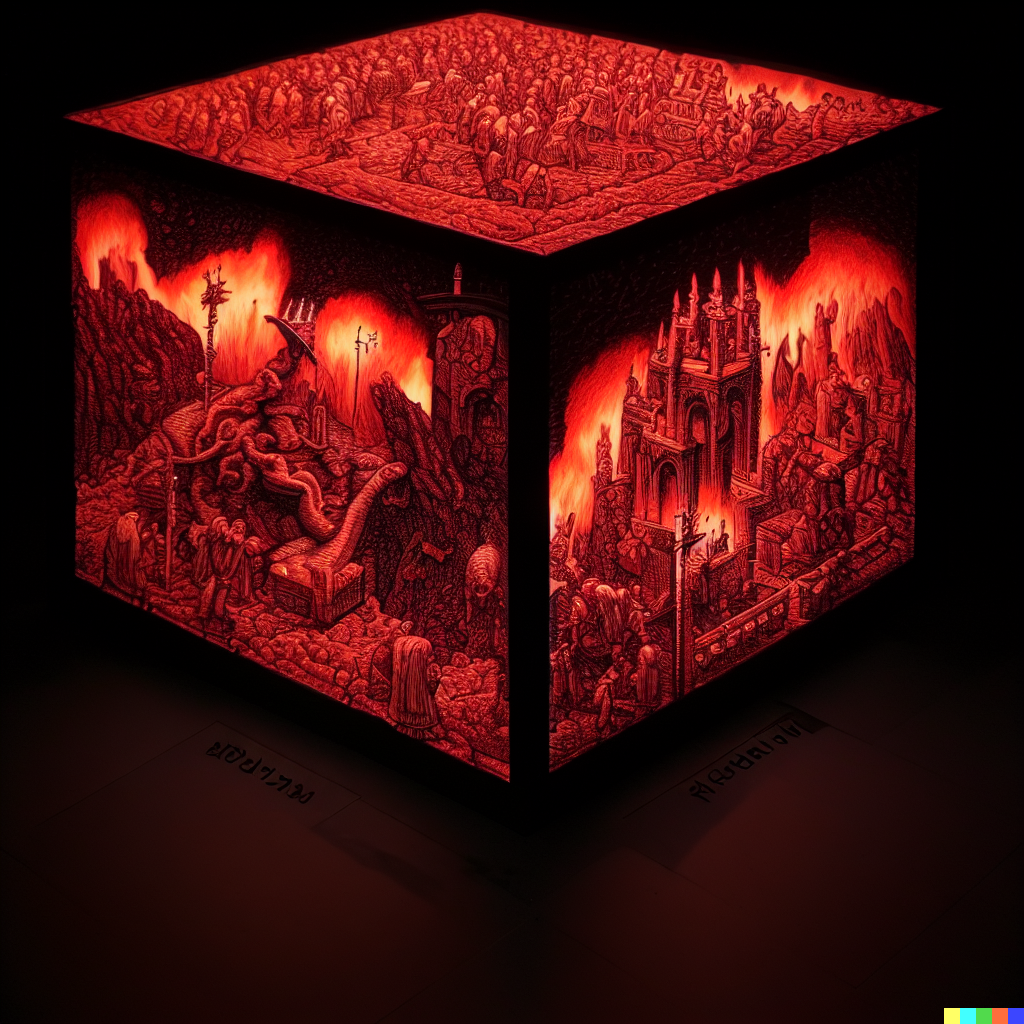 DALL·E 2023-06-26 12.02.45 – dante’s inferno by gustave dore and cute ghibli style artists, compressed into a 5 meter isometric cube by bayard gric, Tim Doyle, and Zdzisław Beksiń