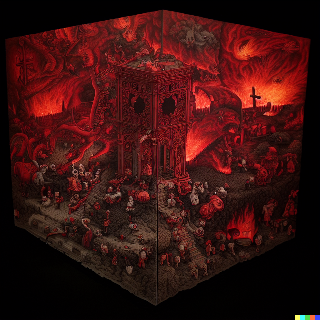 DALL·E 2023-06-26 12.02.48 – dante’s inferno by gustave dore and cute ghibli style artists, compressed into a 5 meter isometric cube by bayard gric, Tim Doyle, and Zdzisław Beksiń