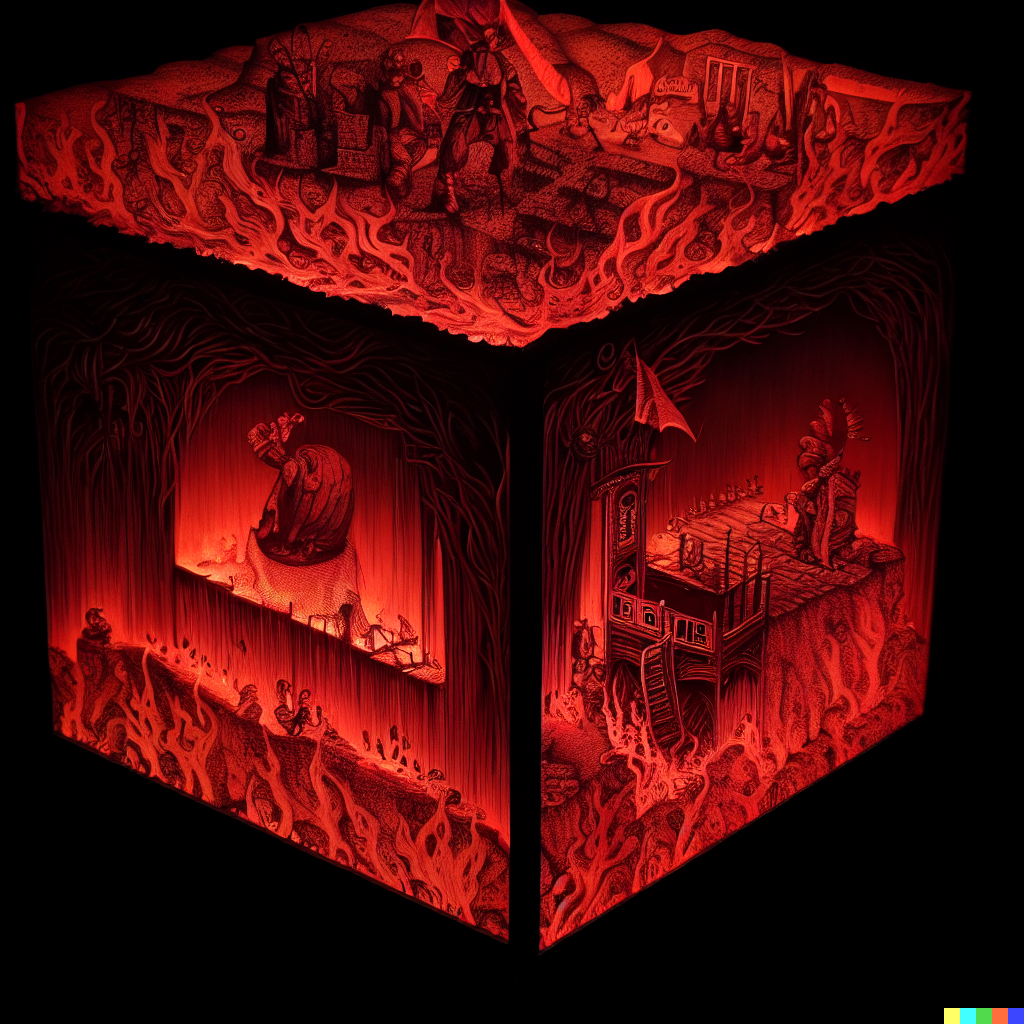 DALL·E 2023-06-26 12.02.51 – dante’s inferno by gustave dore and cute ghibli style artists, compressed into a 5 meter isometric cube by bayard gric, Tim Doyle, and Zdzisław Beksiń