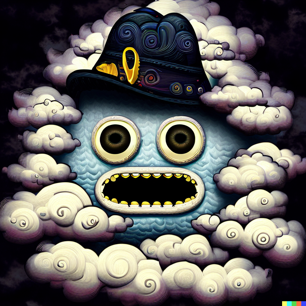 DALL·E 2023-06-26 12.02.59 – face in clouds emoji with a monster hat thats alive, intricately detailed digital illustration, by J. G. Quintel, Gustav Klimt, Jordan Grimmer, bayar