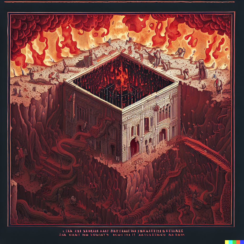 DALL·E 2023-06-26 12.03.07 – dante’s inferno by gustave dore and cute ghibli style artists, compressed into a one meter isometric cube by moebius, bayard gric, Tim Doyle, and Zdzi