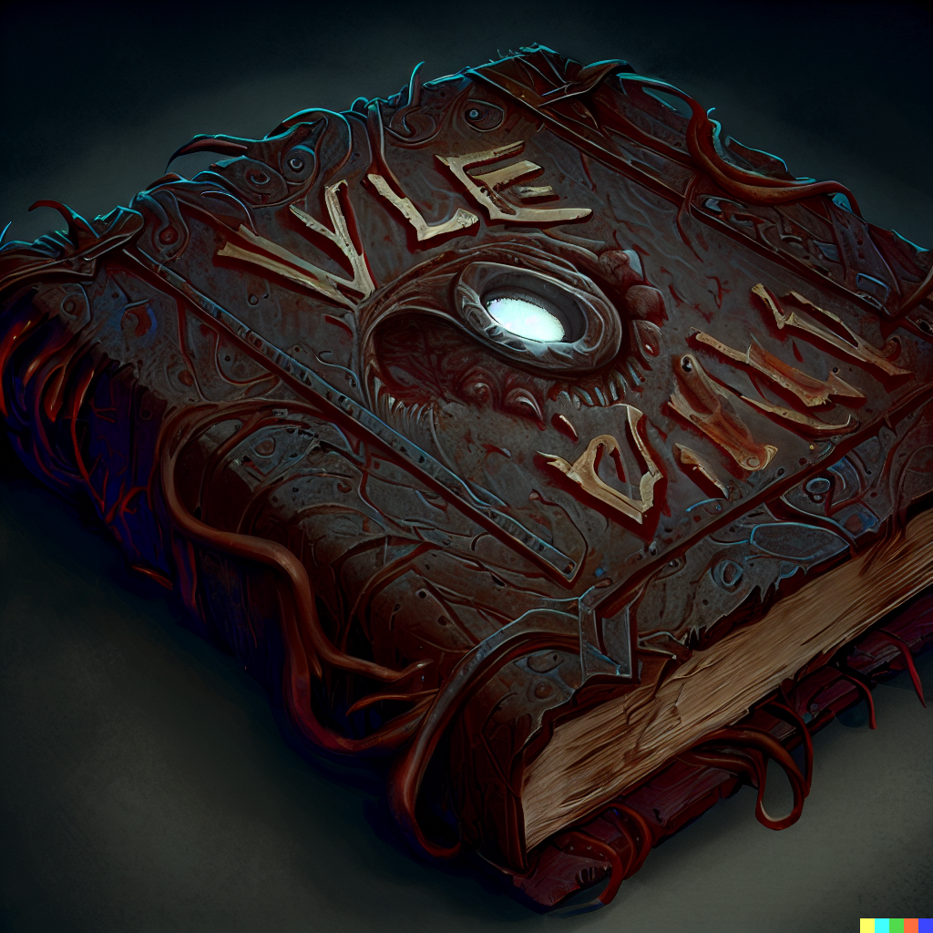DALL·E 2023-06-26 12.03.34 – book of vile darkness an evil magic tome bound in skin with undead inscriptions on the cover highly detailed, digital painting, artstation, concept ar