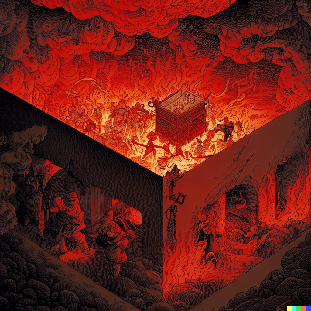 DALL·E 2023-06-26 12.03.51 – dante’s inferno by gustave dore and cute ghibli style artists, compressed into a one meter isometric cube by moebius