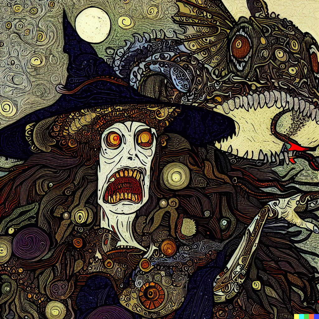 DALL·E 2023-06-26 12.04.13 – a witch with a monster hat thats alive, intricately detailed digital illustration, by J. G. Quintel, Gustav Klimt, Jordan Grimmer