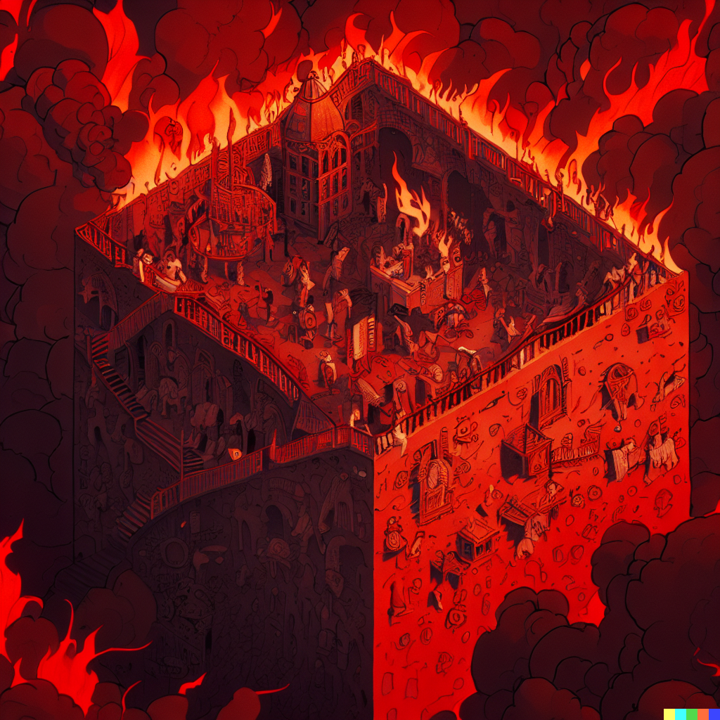DALL·E 2023-06-26 12.04.17 – dante’s inferno by gustave dore and cute ghibli style artists, compressed into a 1 meter isometric cube by moebius