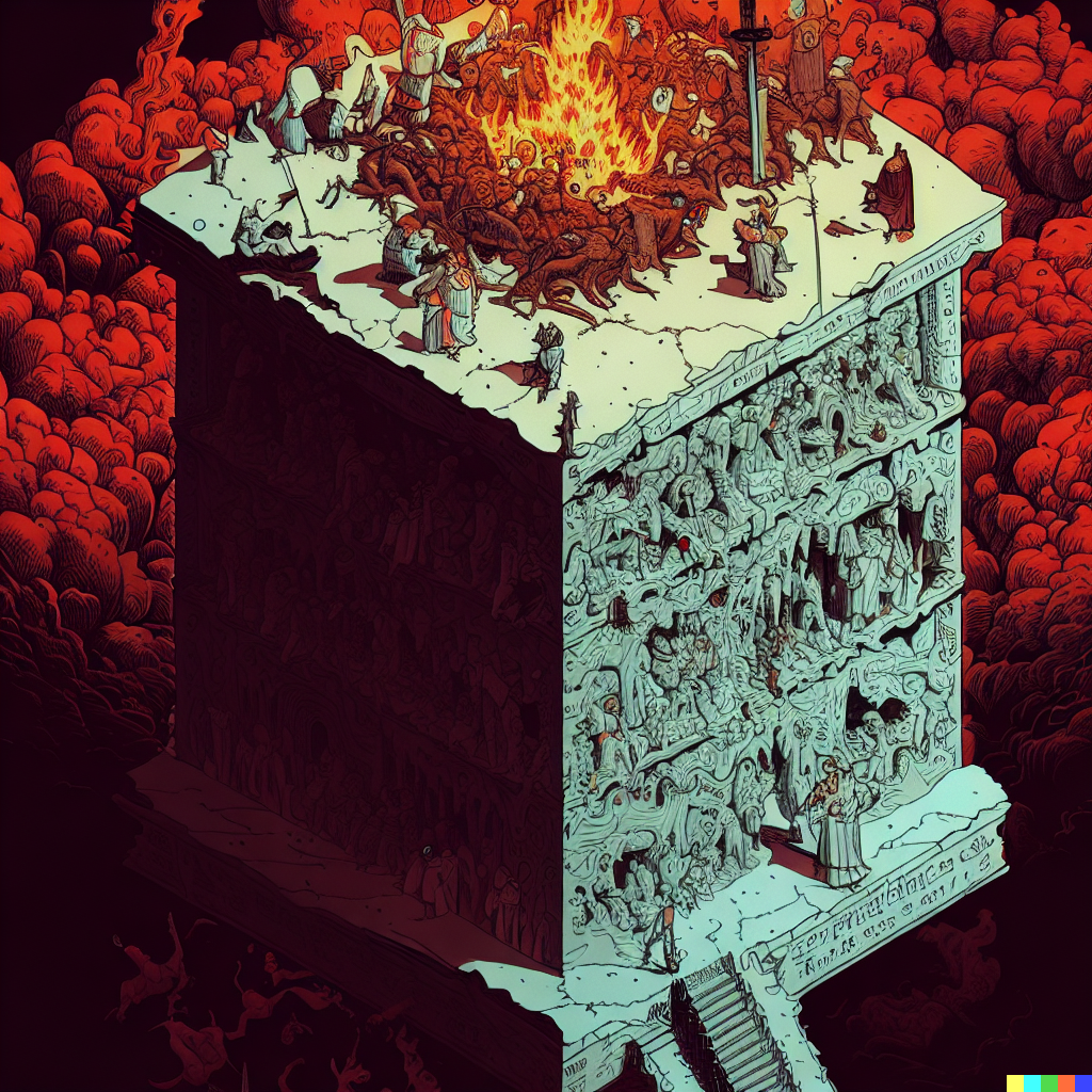 DALL·E 2023-06-26 12.04.20 – dante’s inferno by gustave dore and cute ghibli style artists, compressed into a 1 meter isometric cube by moebius