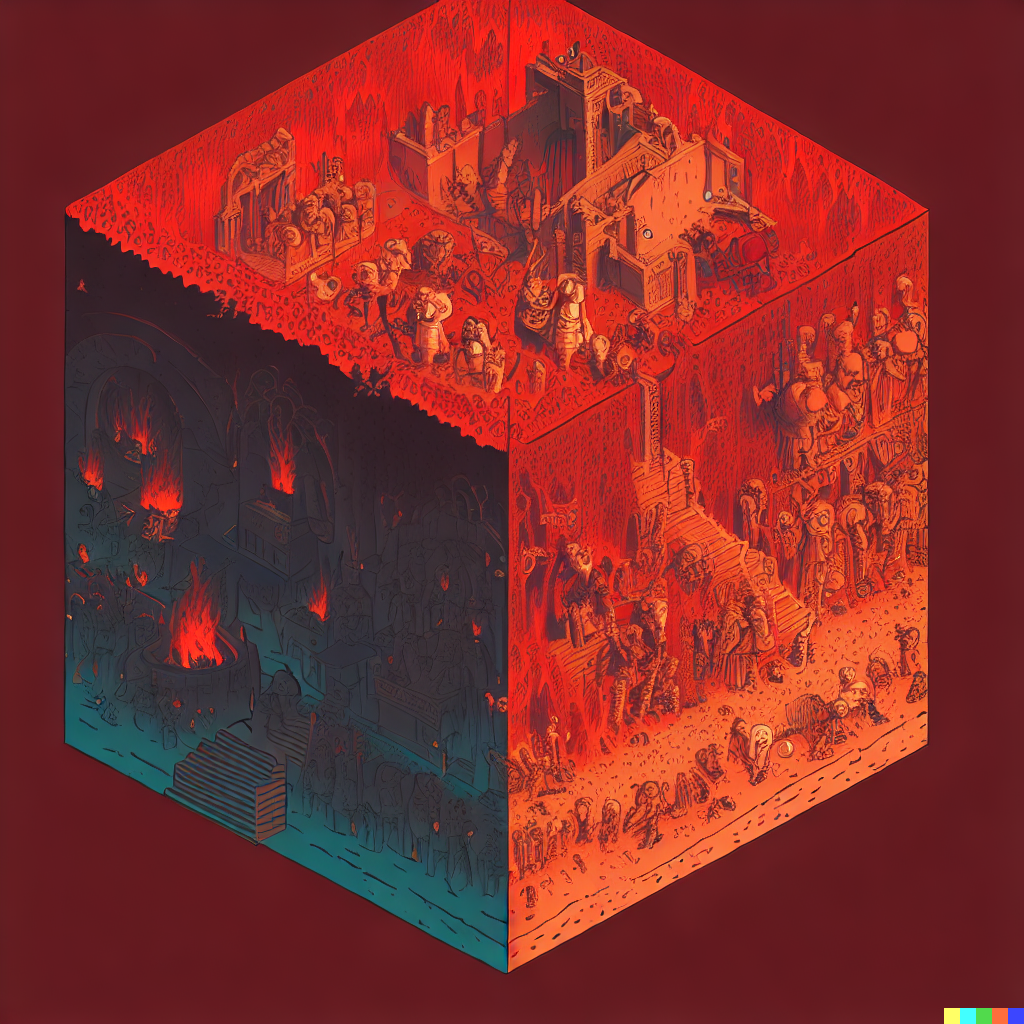 DALL·E 2023-06-26 12.04.24 – dante’s inferno by gustave dore and cute ghibli style artists, compressed into a 1 meter isometric cube by moebius