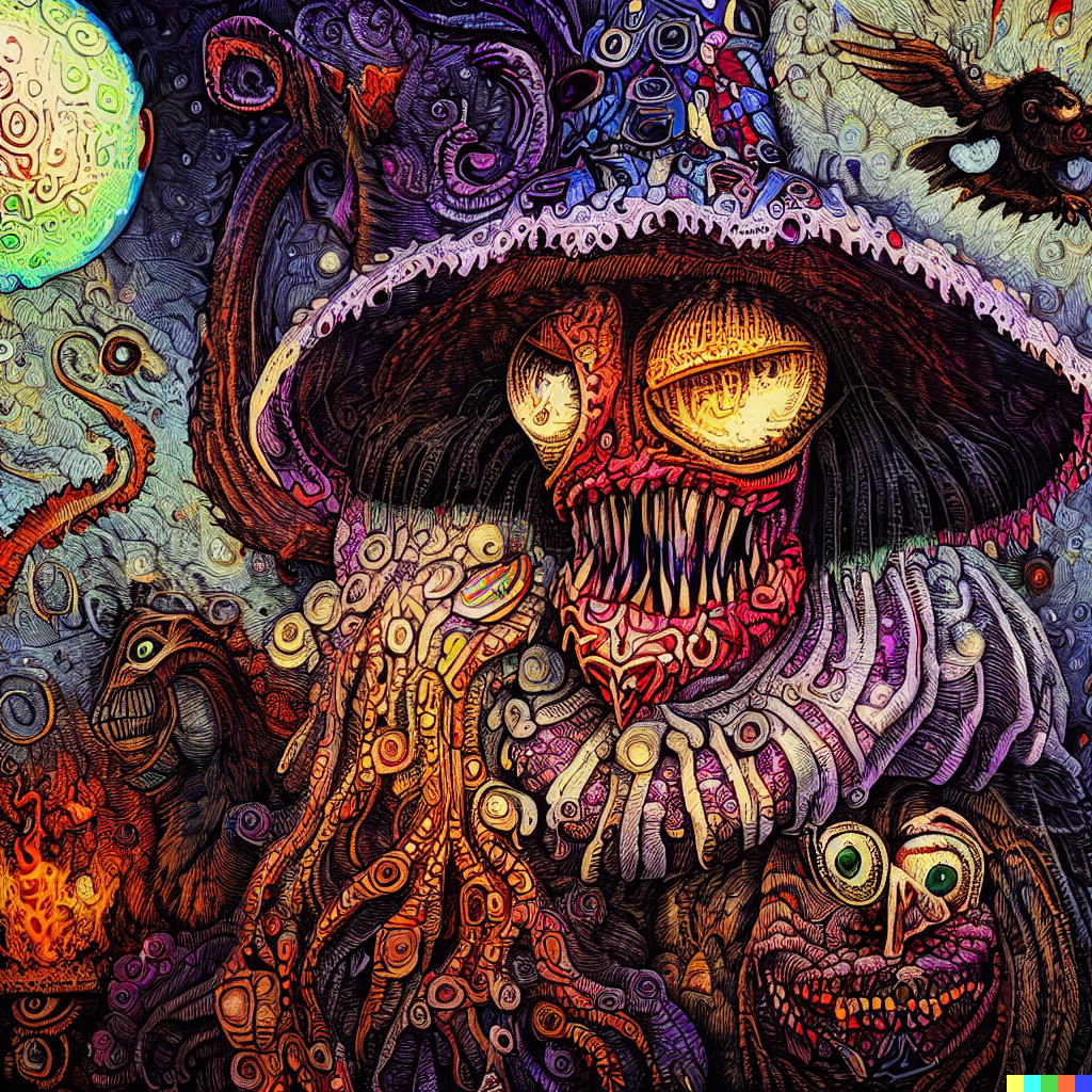 DALL·E 2023-06-26 12.04.28 – a witch with a monster hat thats alive, intricately detailed digital illustration, by Greg Rutkowski, J. G. Quintel Gustav Klimt Jordan Grimmer Max Er