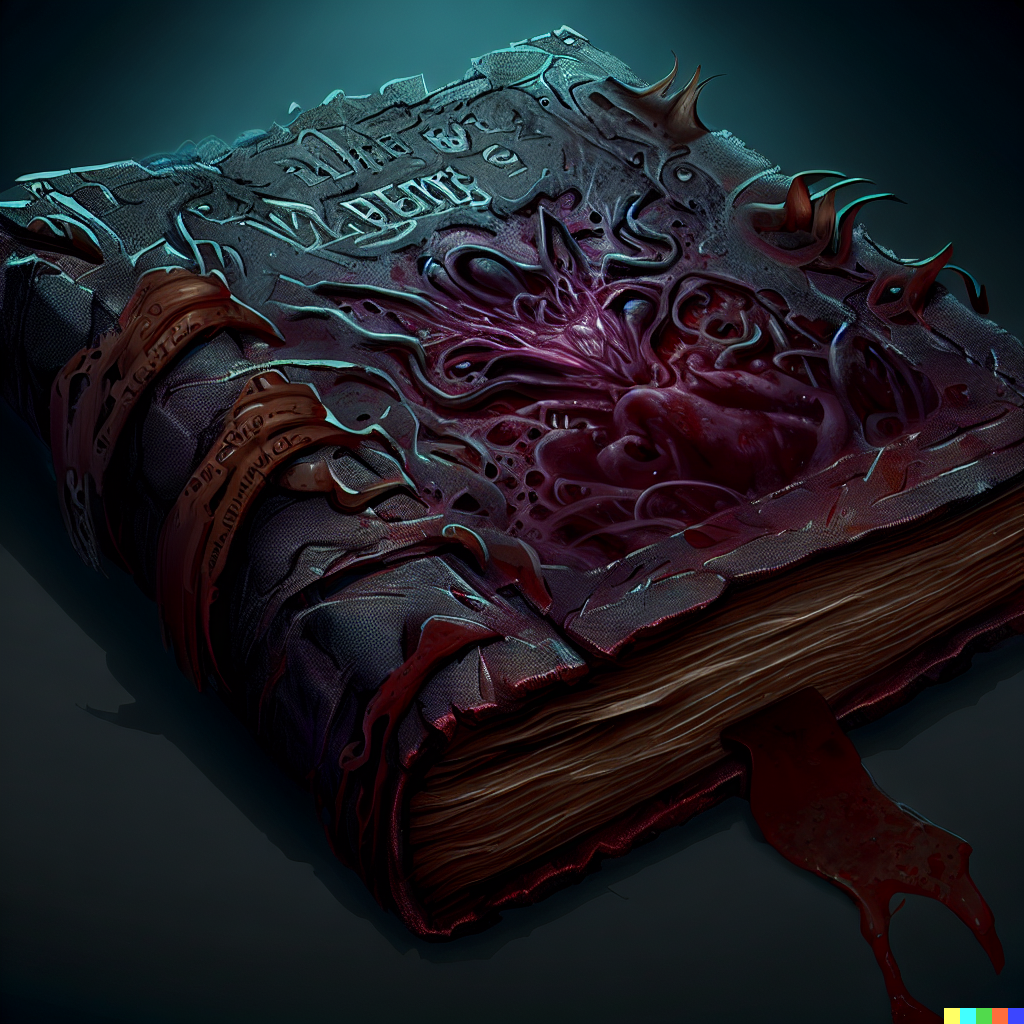 DALL·E 2023-06-26 12.04.36 – book of vile darkness an evil magic tome bound in skin with undead inscriptions on the cover highly detailed, digital painting, artstation, concept ar