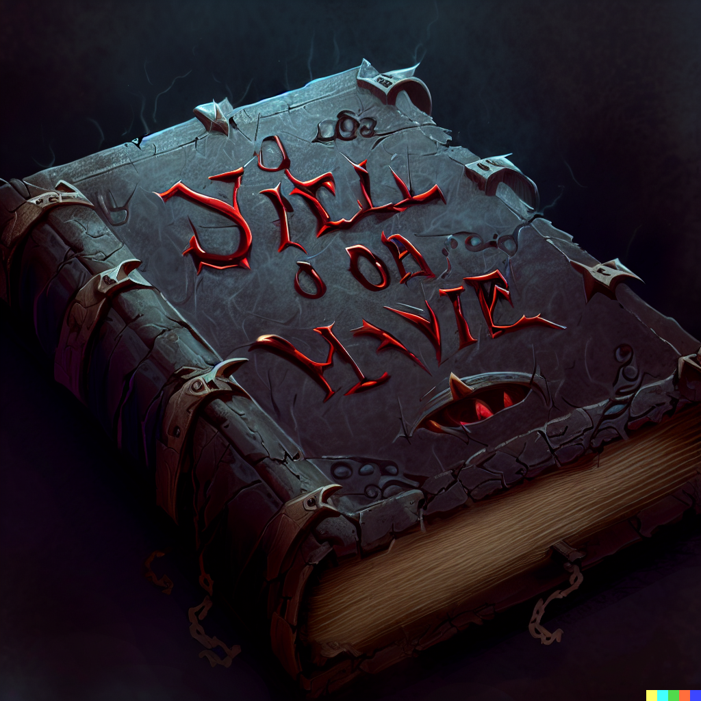DALL·E 2023-06-26 12.04.41 – book of vile darkness an evil magic tome bound in skin with undead inscriptions on the cover highly detailed, digital painting, artstation, concept ar