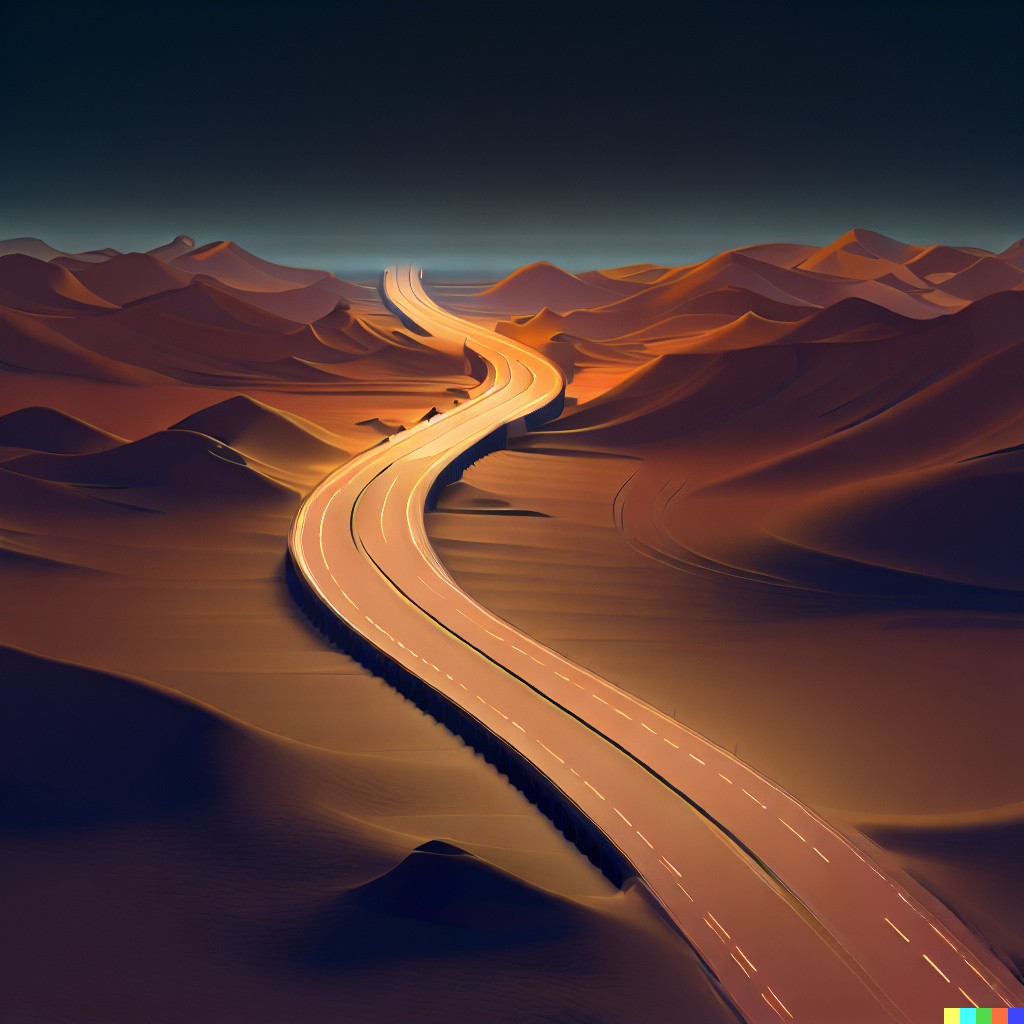 DALL·E 2023-06-26 12.05.04 – a desolate highway in a desert at night simple isometric 3d render amazing smooth textures perfect polymeric art intricate details perfectly detailed