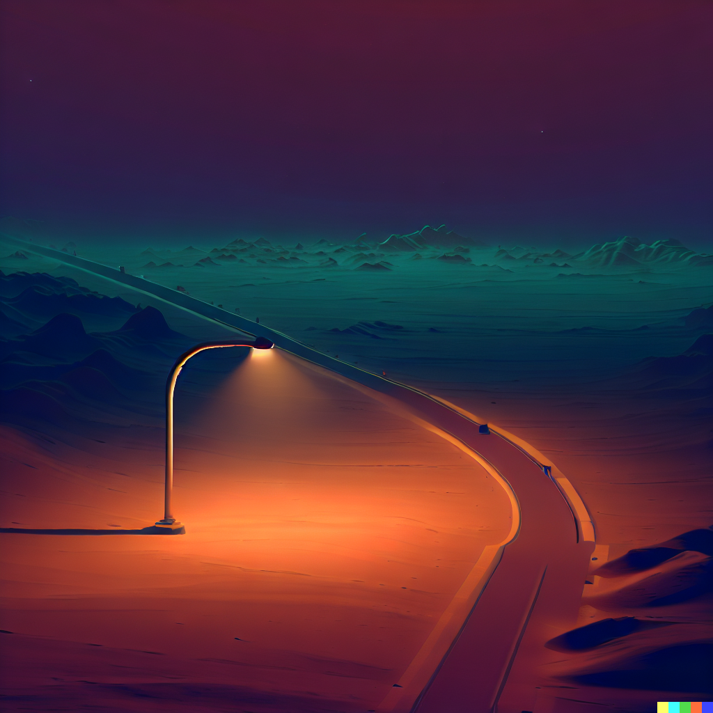 DALL·E 2023-06-26 12.05.11 – a desolate highway in a desert at night with a single street light on an alien planet isometric