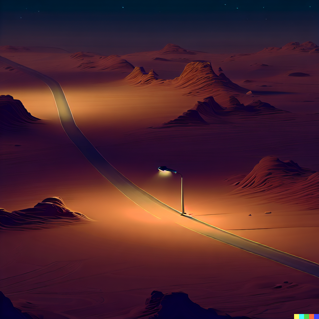 DALL·E 2023-06-26 12.05.19 – a desolate highway in a desert at night with a single street light on an alien planet isometric