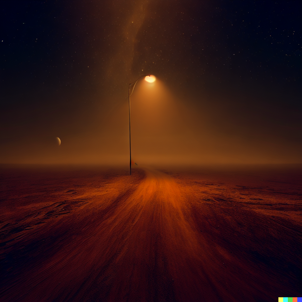 DALL·E 2023-06-26 12.05.33 – a desolate road in a desert at night with a single street light on an alien planet