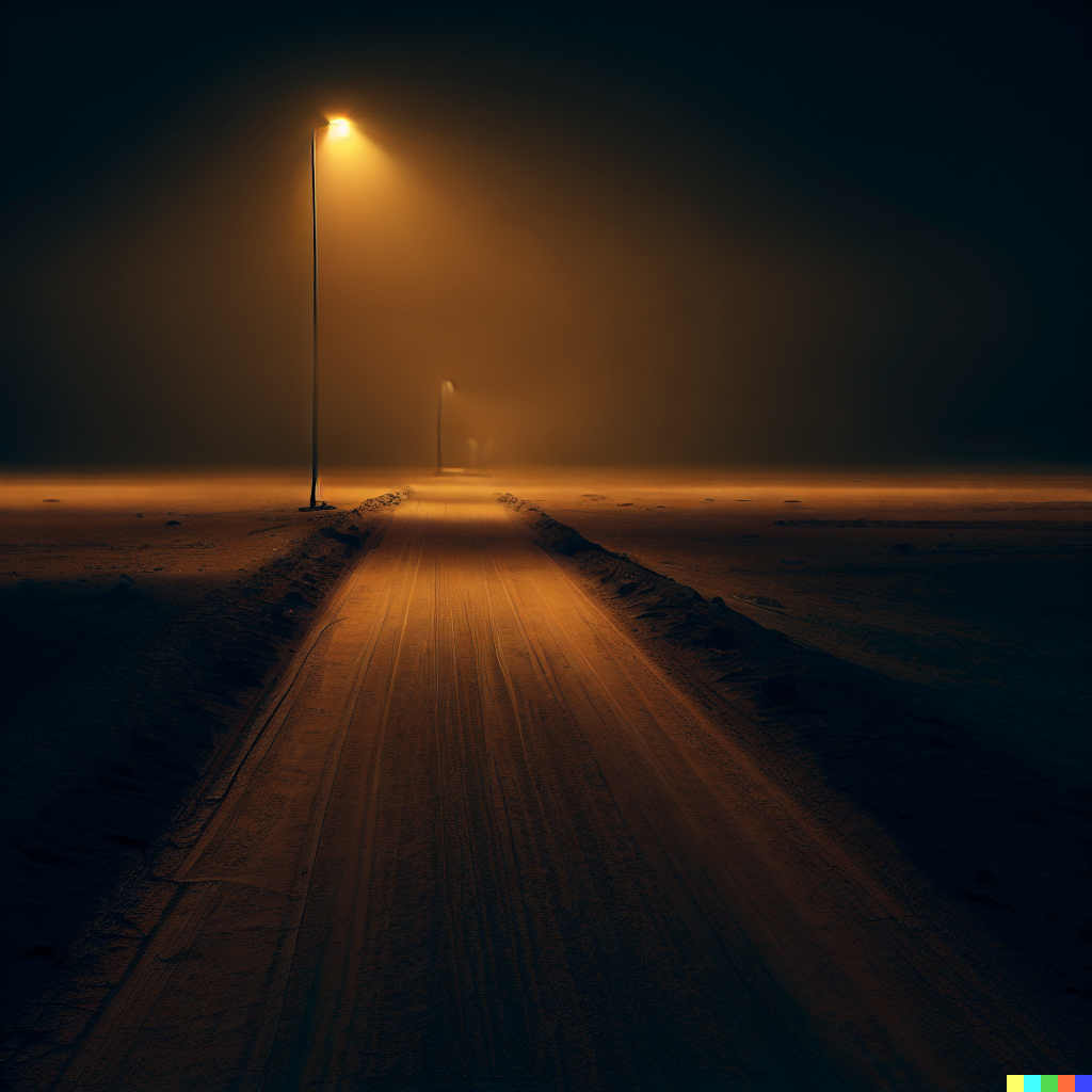 DALL·E 2023-06-26 12.05.39 – a desolate road in a desert at night with a single street light