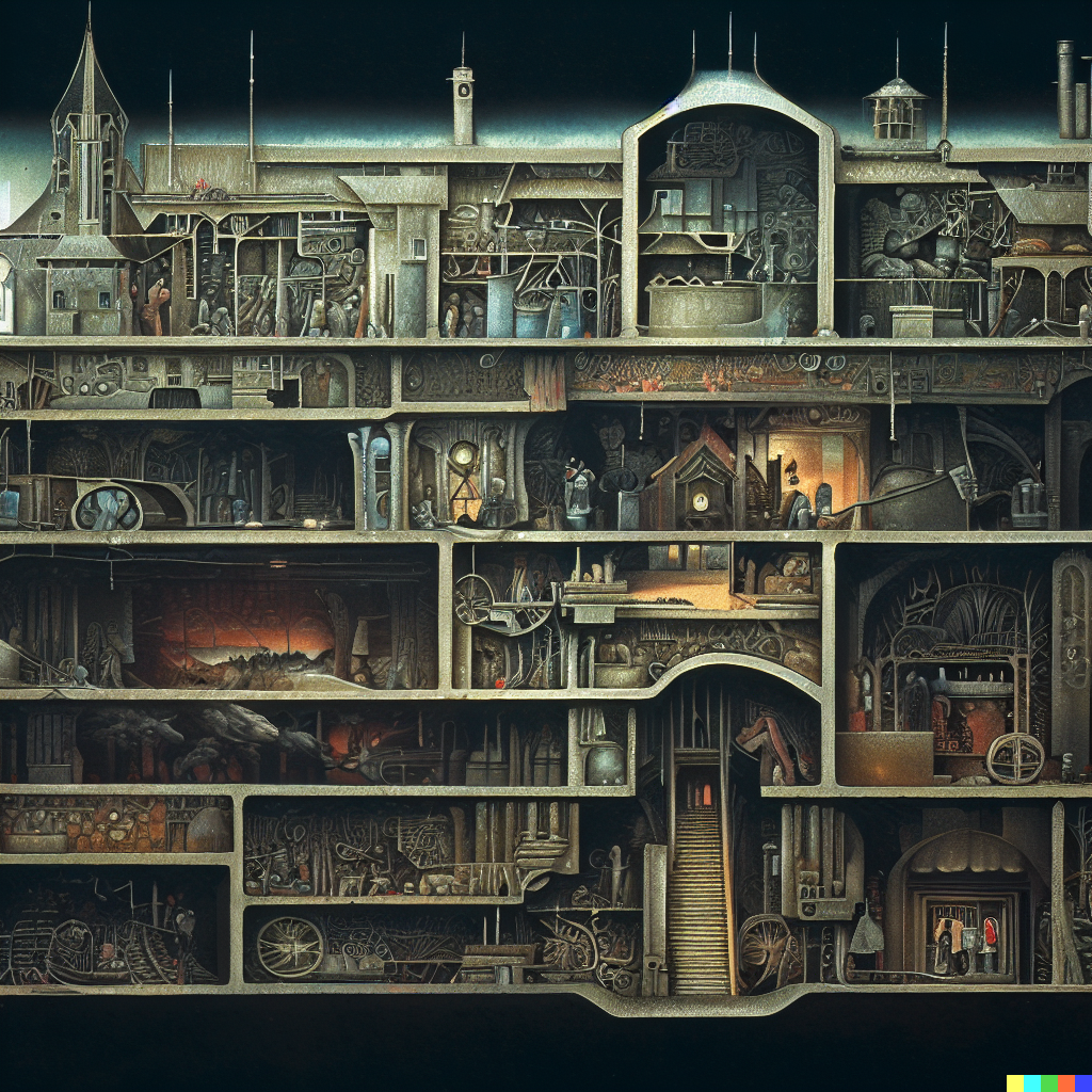 DALL·E 2023-06-26 12.05.45 – cross section of a haunted hospital with every department in detail by architect Zdzisław Beksiński where’s waldo _Arzach__Fantasy_1975_Heavy_Metal_je