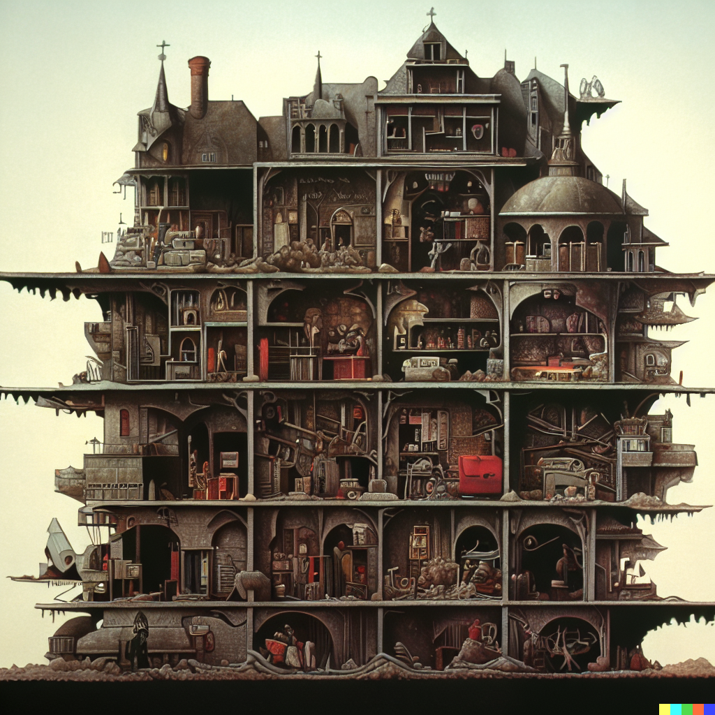 DALL·E 2023-06-26 12.05.48 – cross section of a haunted hospital with every department in detail by architect Zdzisław Beksiński where’s waldo _Arzach__Fantasy_1975_Heavy_Metal_je