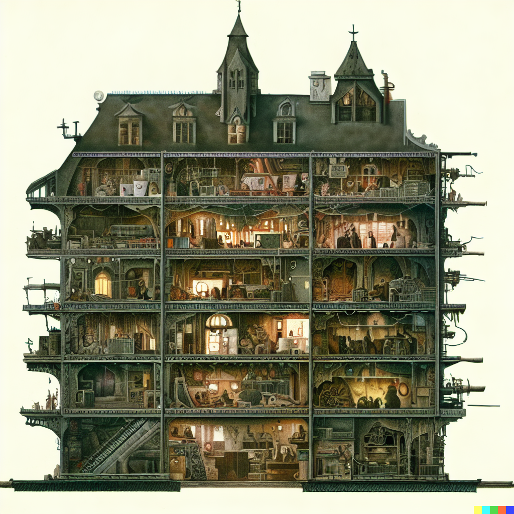 DALL·E 2023-06-26 12.05.54 – cross section of a haunted hospital with every department in detail by architect Zdzisław Beksiński where’s waldo _Arzach__Fantasy_1975_Heavy_Metal_je