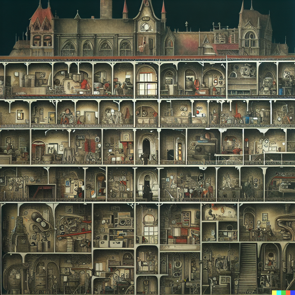 DALL·E 2023-06-26 12.05.57 – cross section of a haunted hospital with every department in detail by architect Zdzisław Beksiński where’s waldo