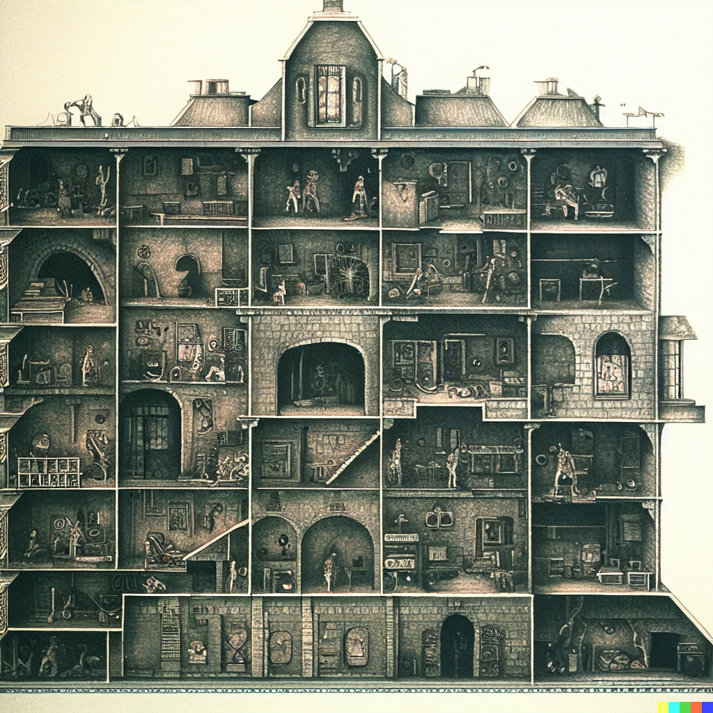 DALL·E 2023-06-26 12.06.00 – cross section of a haunted hospital with every department in detail by architect Zdzisław Beksiński where’s waldo
