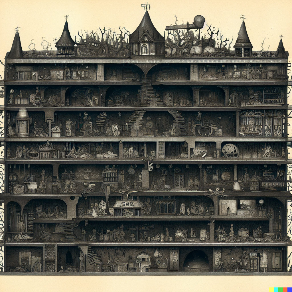 DALL·E 2023-06-26 12.06.03 – cross section of a haunted hospital with every department in detail by architect Zdzisław Beksiński where’s waldo